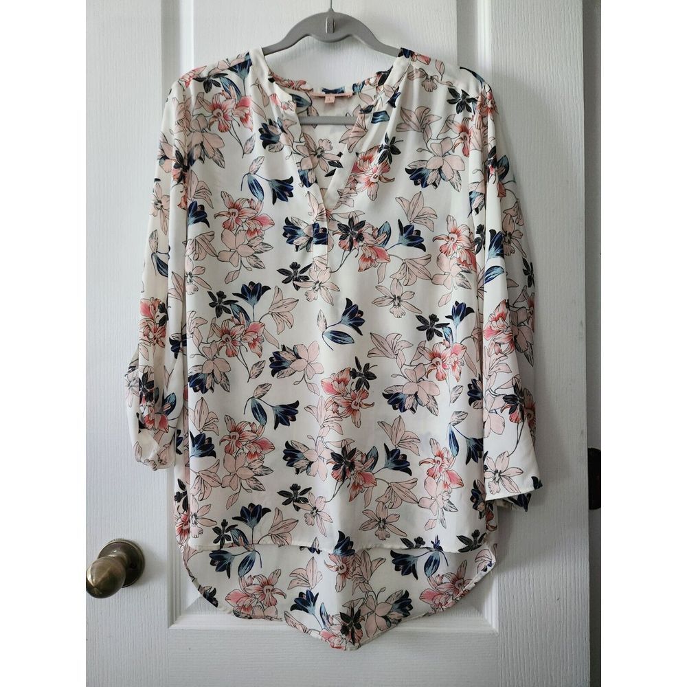 Gibson Latimer Womens Shirt 3/4 Sleeve Blouse‎ Roll Tab Floral V-Neck Size L